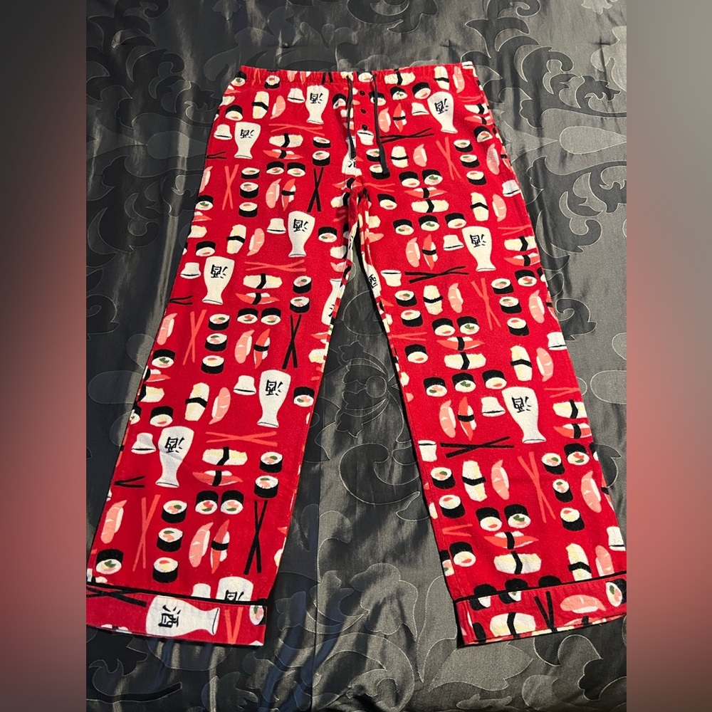 Poppy Red Sushi Sake Print Pajama Pants 100% Cotton Cozy Size Medium
